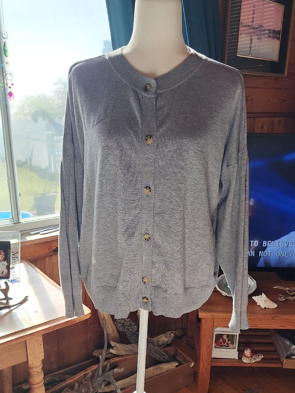 Time and Tru Gray Button-Front Lightweight Cardigan